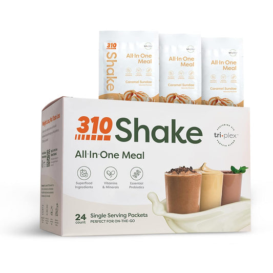 310 Nutrition All-In-One Meal Replacement Shake with Fiber Rich Vegan Superfood Blend, Natural Sweeteners, Low Carb, Keto & Paleo Friendly, Gluten Free - Caramel Sundae Flavor - Variety Shake Box