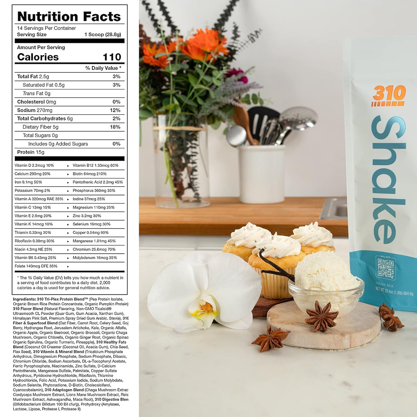 310 Nutrition All-In-One Meal Replacement Shake with Fiber Rich Vegan Superfood Blend, Natural Sweeteners, Low Carb, Keto & Paleo Friendly, Gluten Free, 26 Essential Vitamins
