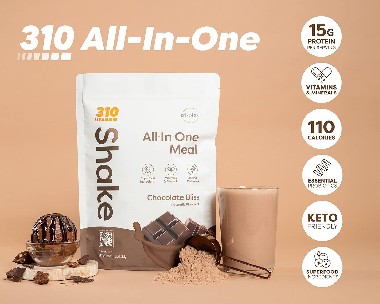 310 Nutrition All-In-One Meal Replacement Shake with Fiber Rich Vegan Superfood Blend, Natural Sweeteners, Low Carb, Keto & Paleo Friendly, Gluten Free, 26 Essential Vitamins