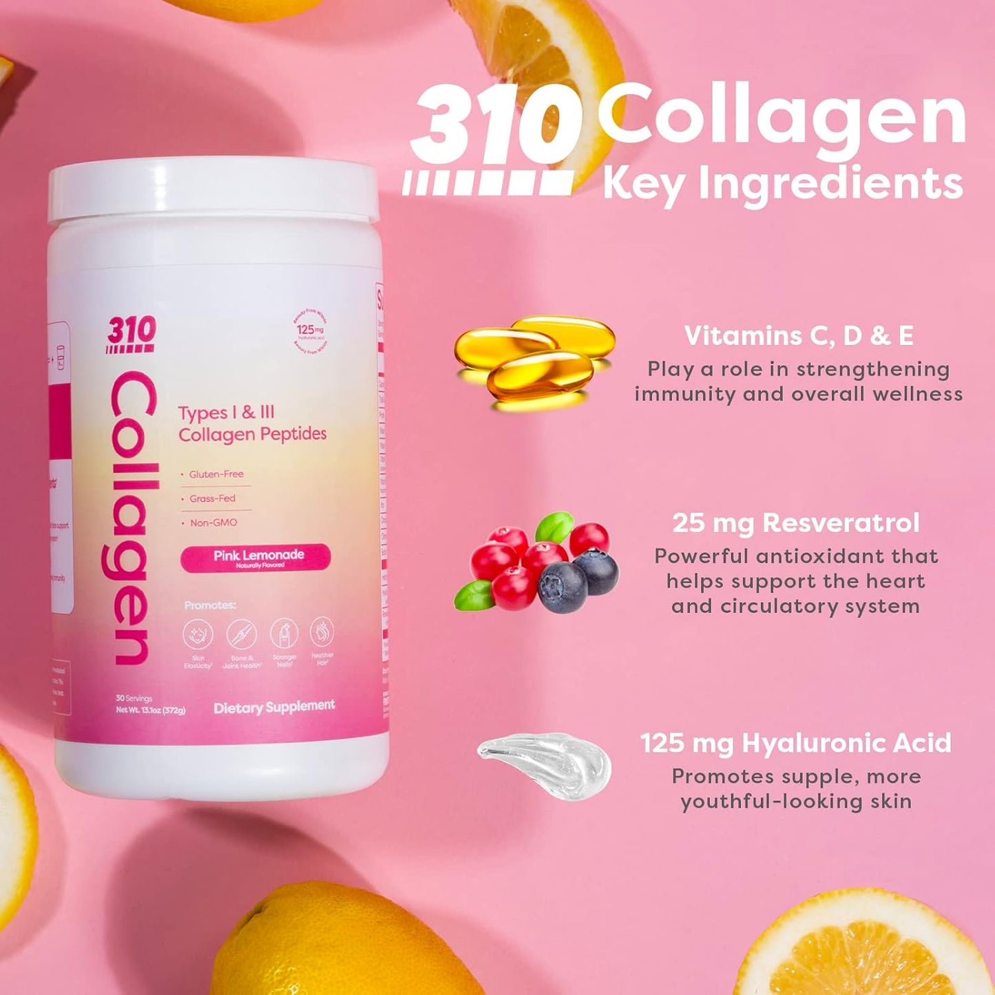 310 Nutrition Collagen Peptides Protein Powder Supplement with Multi Collagen Protein, Vitamins C, D, E - Keto Pink Lemonade 30 Servings