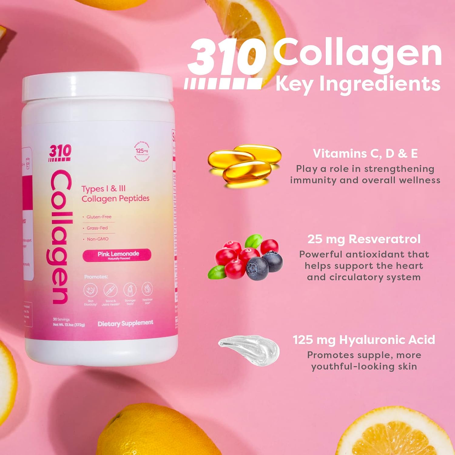 310 Nutrition Collagen Peptides Protein Powder Supplement with Multi Collagen Protein, Vitamins C, D, E - Keto Pink Lemonade 30 Servings