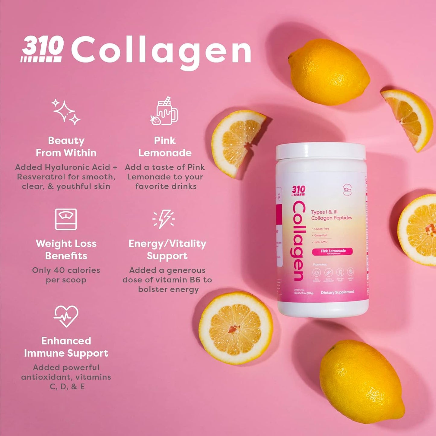 310 Nutrition Collagen Peptides Protein Powder Supplement with Multi Collagen Protein, Vitamins C, D, E - Keto Pink Lemonade 30 Servings