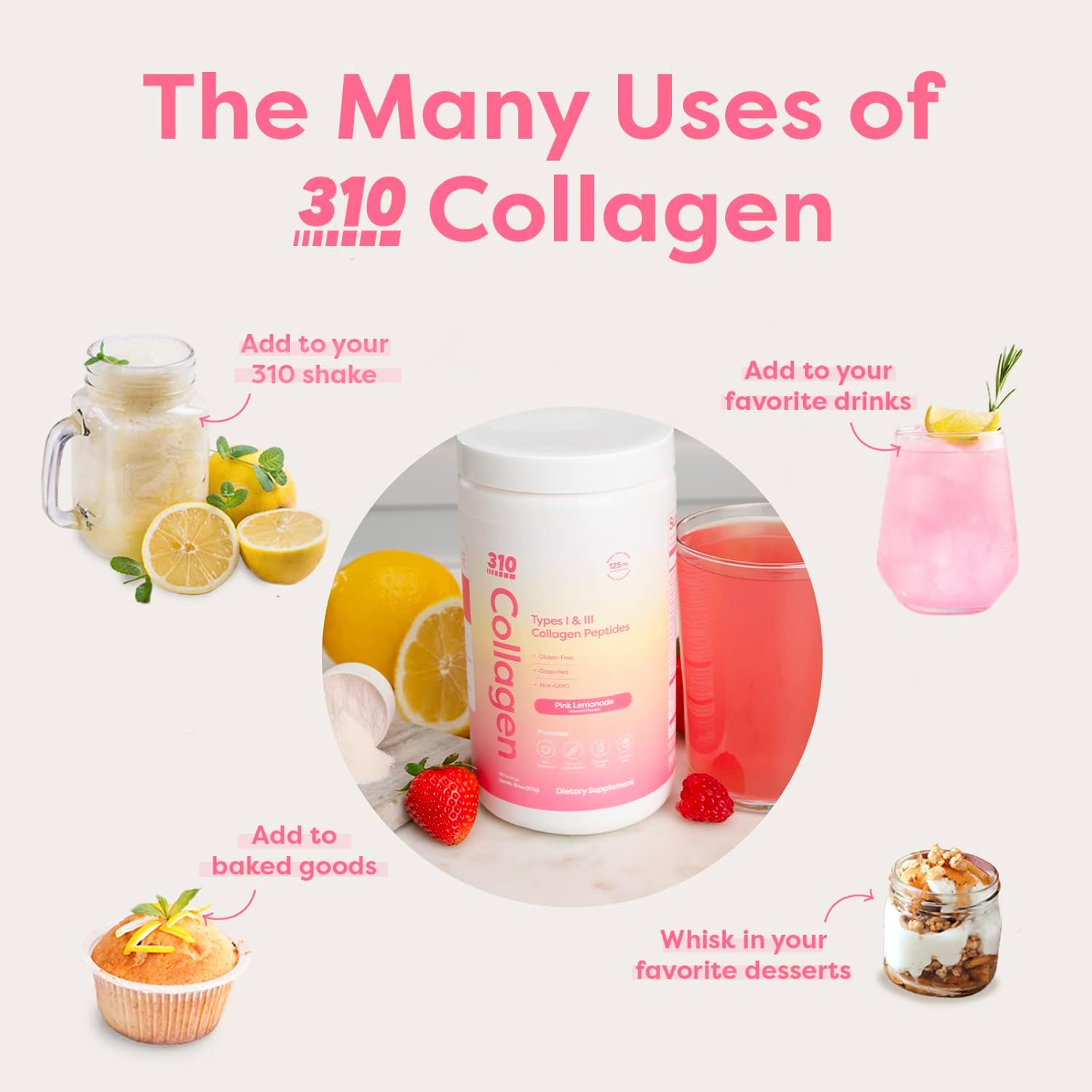 310 Nutrition Collagen Peptides Protein Powder Supplement with Multi Collagen Protein, Vitamins C, D, E - Keto Pink Lemonade 30 Servings