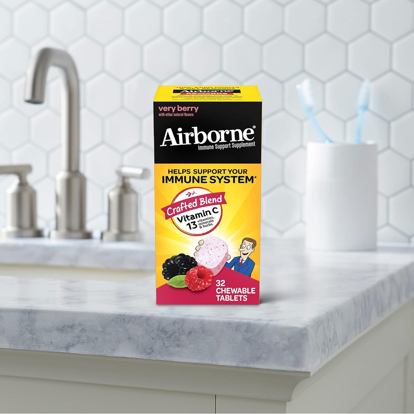 32-Count Airborne Very Berry Chewable Vitamin C Tablets for Immune Support with Zinc & Antioxidants