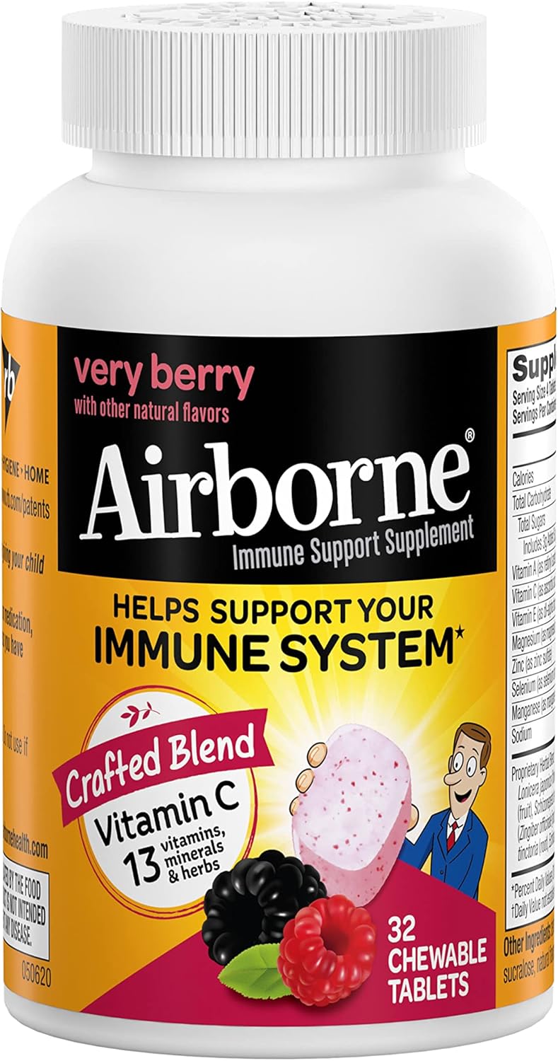 32-Count Airborne Very Berry Chewable Vitamin C Tablets for Immune Support with Zinc & Antioxidants