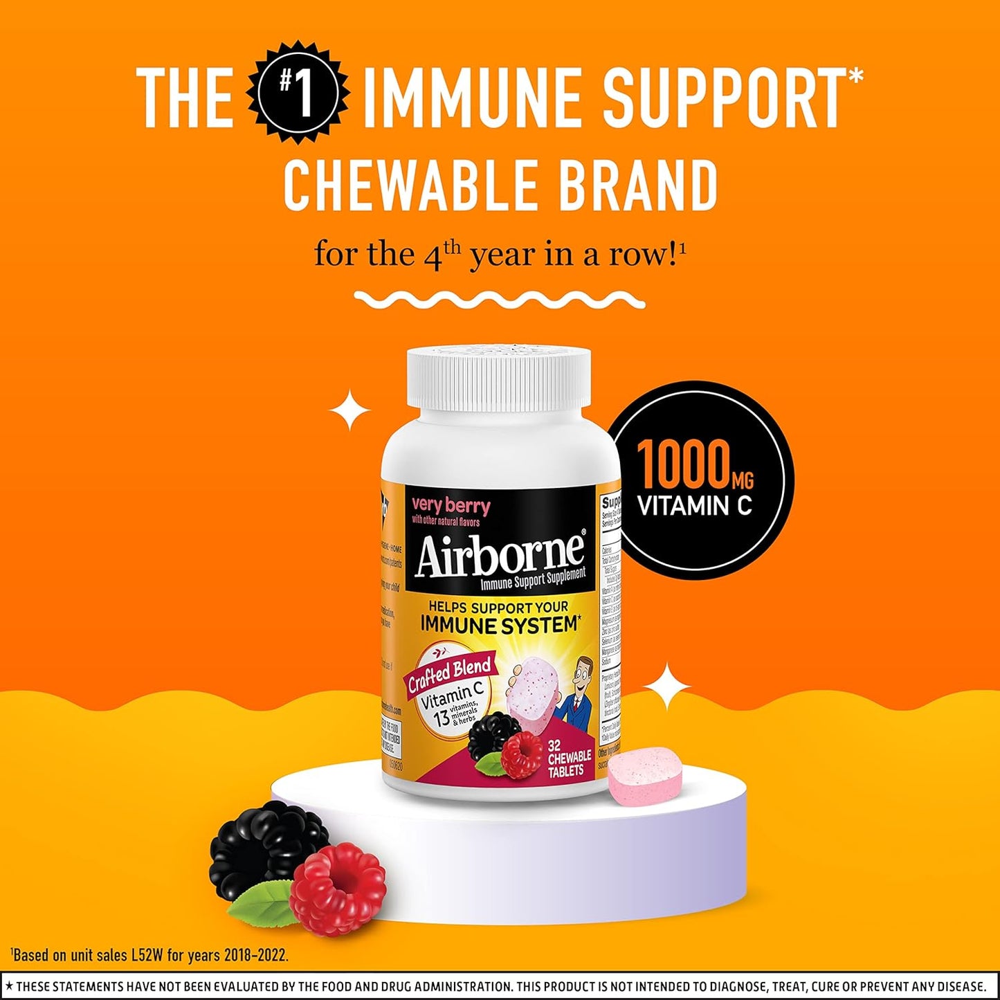 32-Count Airborne Very Berry Chewable Vitamin C Tablets for Immune Support with Zinc & Antioxidants