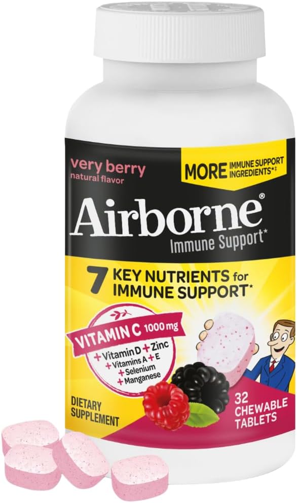 32-Count Airborne Very Berry Chewable Vitamin C Tablets for Immune Support with Zinc & Antioxidants