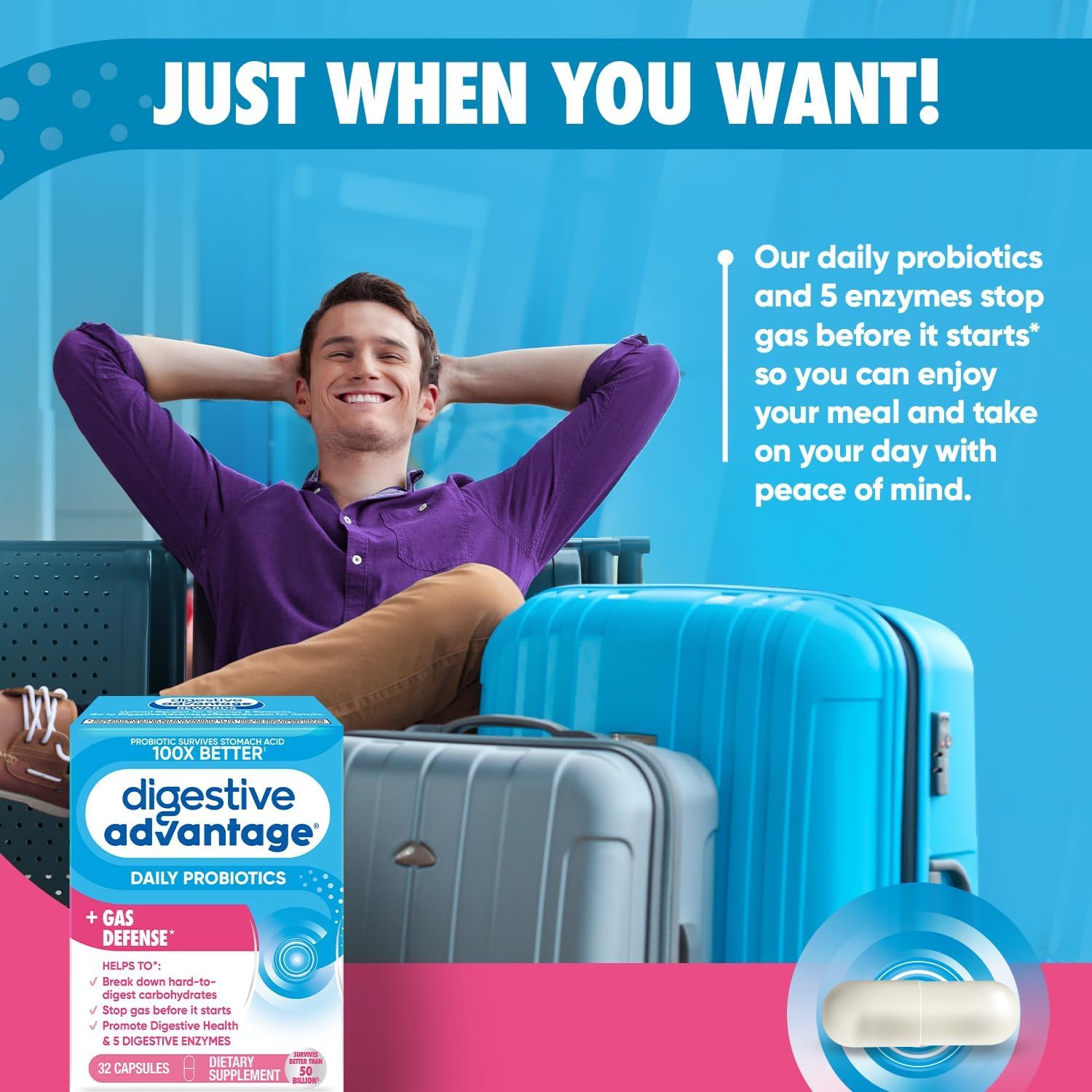 32 Count Digestive Advantage Fast Acting Enzymes and Daily Probiotic Capsules for Gas Prevention and Efficient Food Breakdown