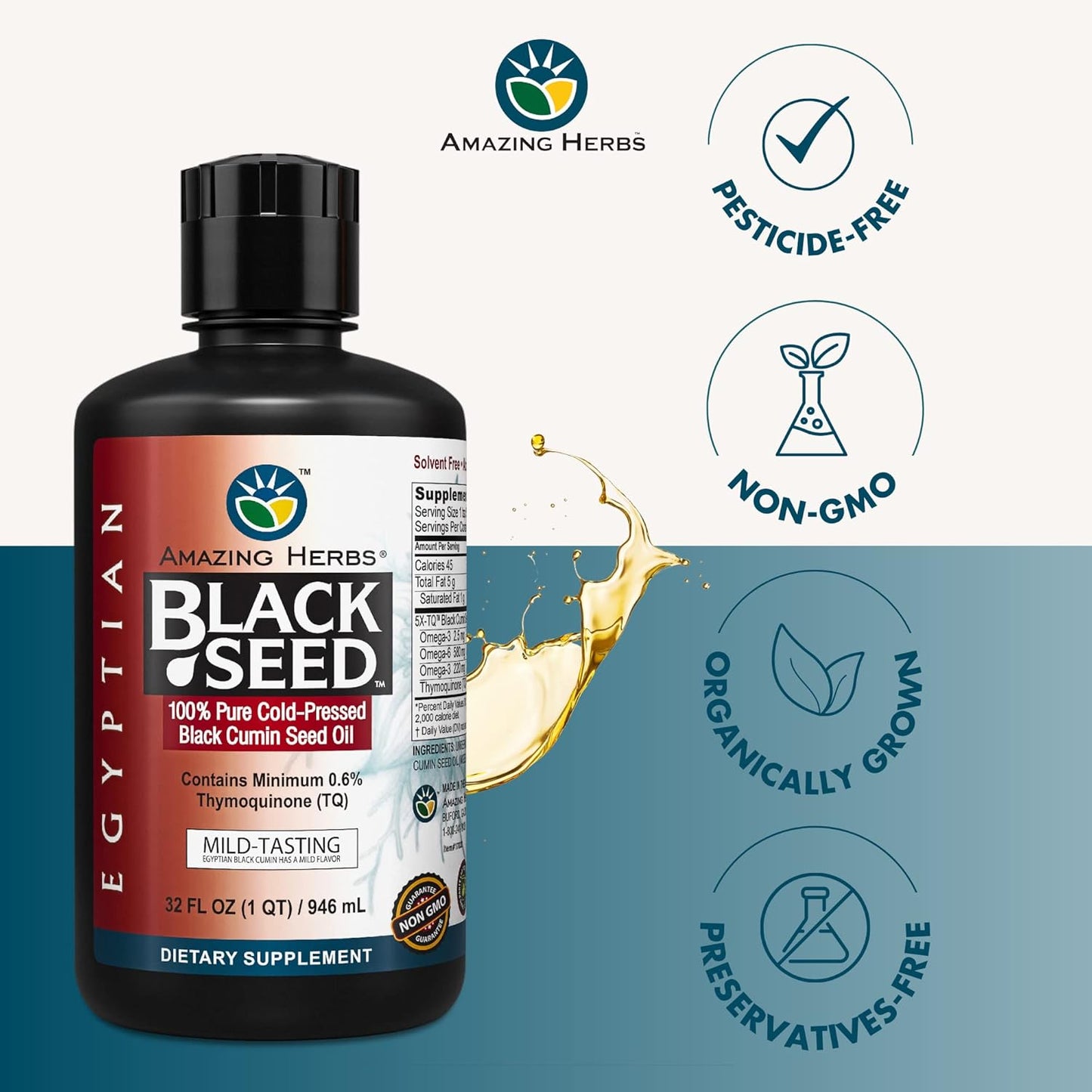 32 Fl Oz Amazing Herbs Egyptian Black Seed Oil - Cold Pressed Nigella Sativa for Digestive Health, Immune Support, and Brain Function - Gluten Free & Non GMO