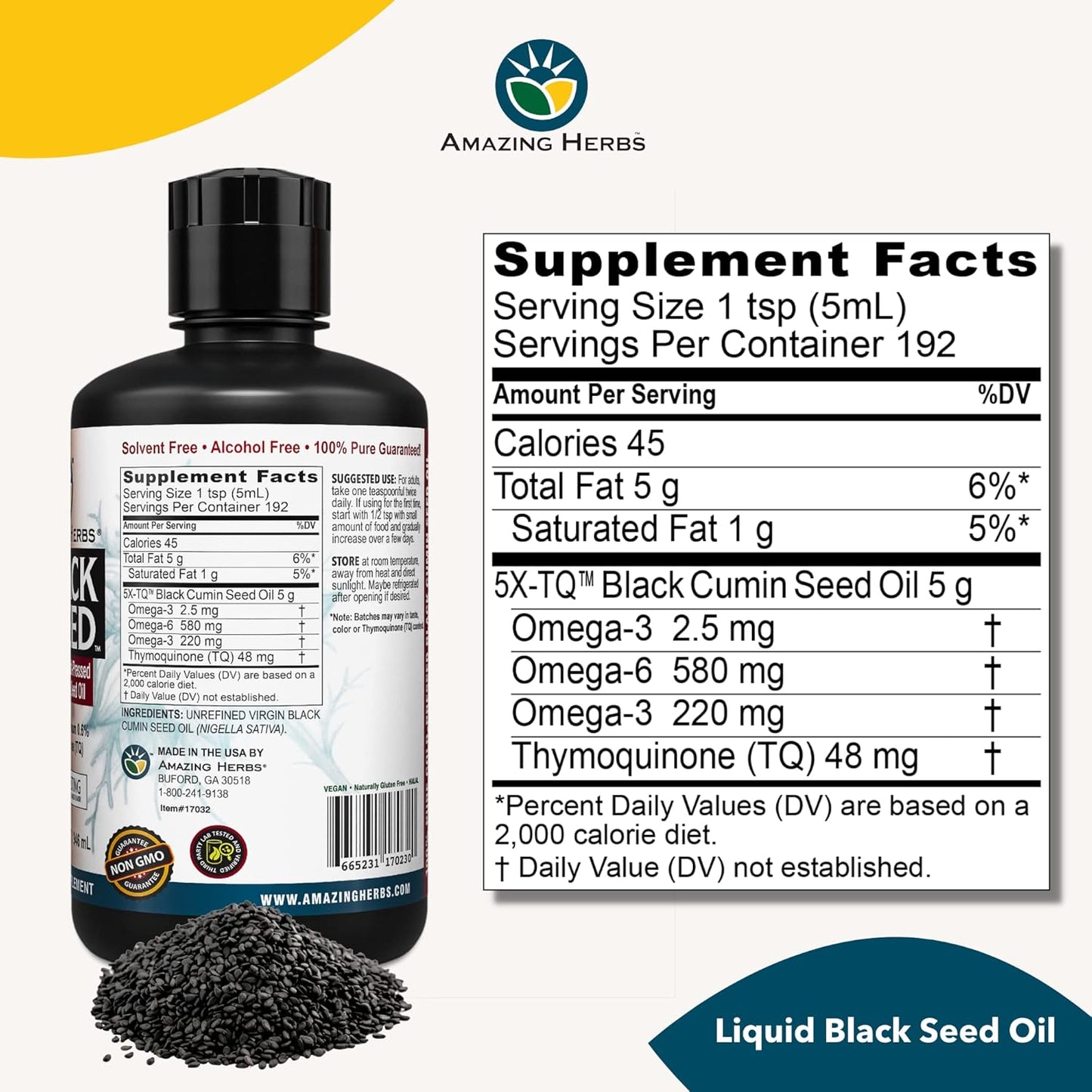 32 Fl Oz Amazing Herbs Egyptian Black Seed Oil - Cold Pressed Nigella Sativa for Digestive Health, Immune Support, and Brain Function - Gluten Free & Non GMO