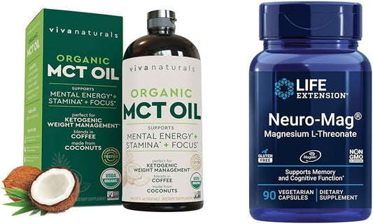 32 fl oz Viva Naturals Organic MCT Oil: Best Supplement for Keto Coffee & Life Extension Neuro-mag Magnesium L-threonate for Brain Health and Memory