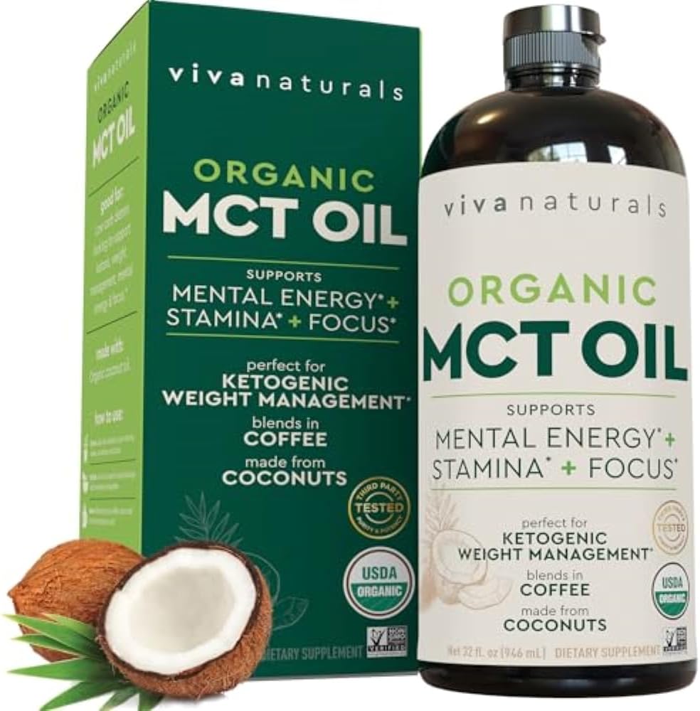 32 fl oz Viva Naturals Organic MCT Oil: Best Supplement for Keto Coffee & Life Extension Neuro-mag Magnesium L-threonate for Brain Health and Memory