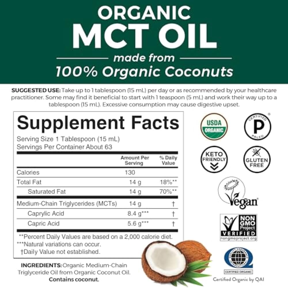 32 fl oz Viva Naturals Organic MCT Oil: Best Supplement for Keto Coffee & Life Extension Neuro-mag Magnesium L-threonate for Brain Health and Memory
