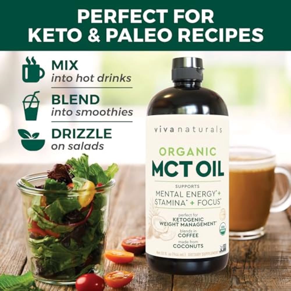 32 fl oz Viva Naturals Organic MCT Oil: Best Supplement for Keto Coffee & Life Extension Neuro-mag Magnesium L-threonate for Brain Health and Memory
