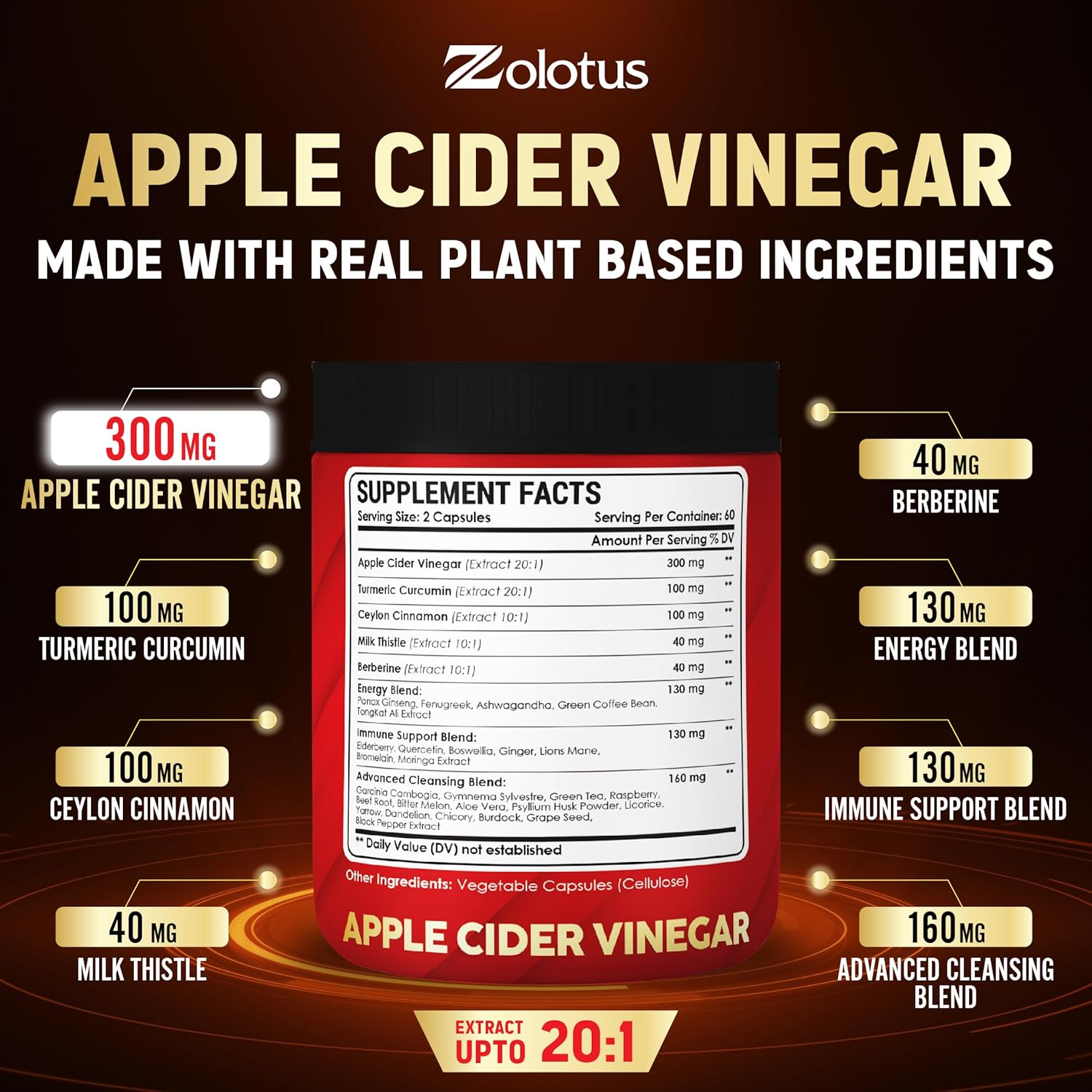 32-in-1 Apple Cider Vinegar Capsules with Turmeric, Cinnamon, Milk Thistle, Elderberry, Quercetin for Digestion & Immune Support - 120 Caps
