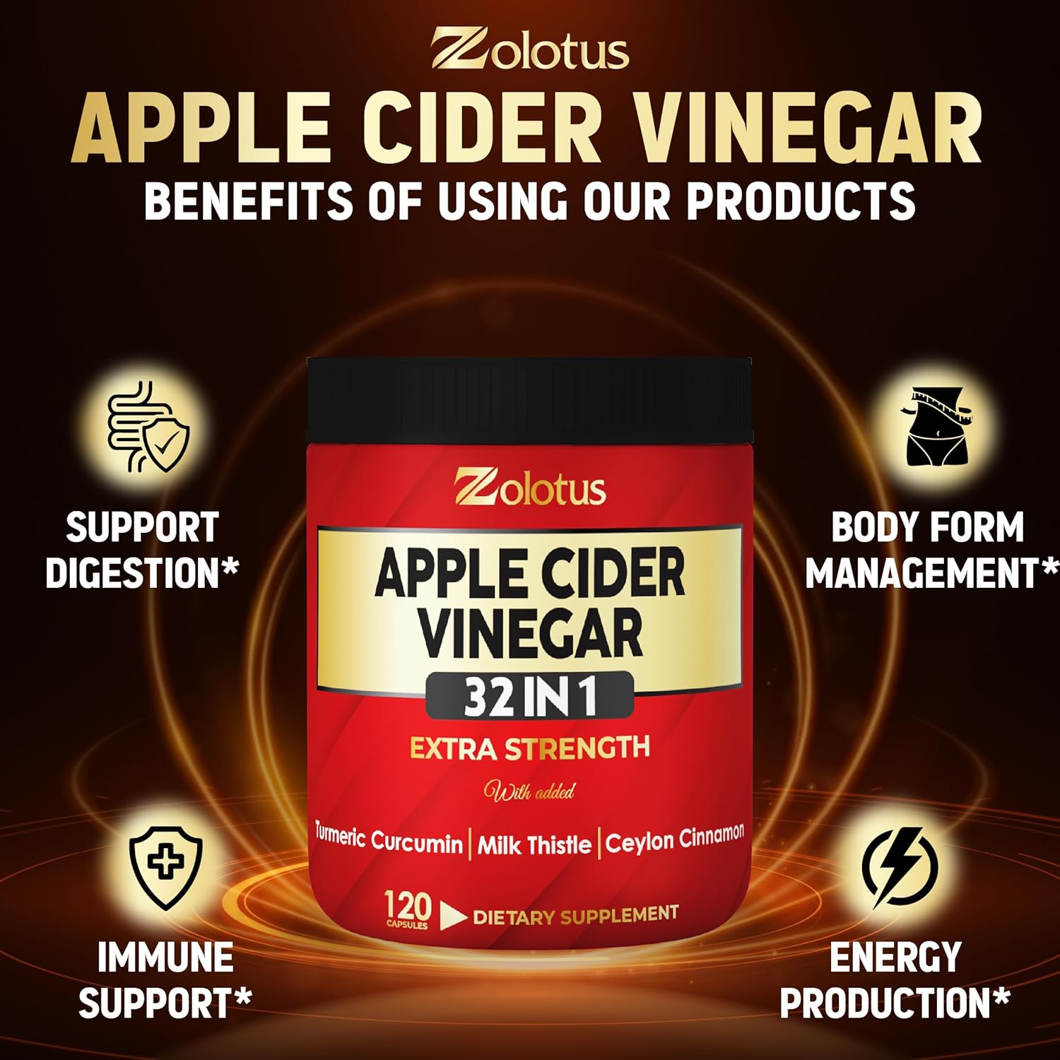 32-in-1 Apple Cider Vinegar Capsules with Turmeric, Cinnamon, Milk Thistle, Elderberry, Quercetin for Digestion & Immune Support - 120 Caps