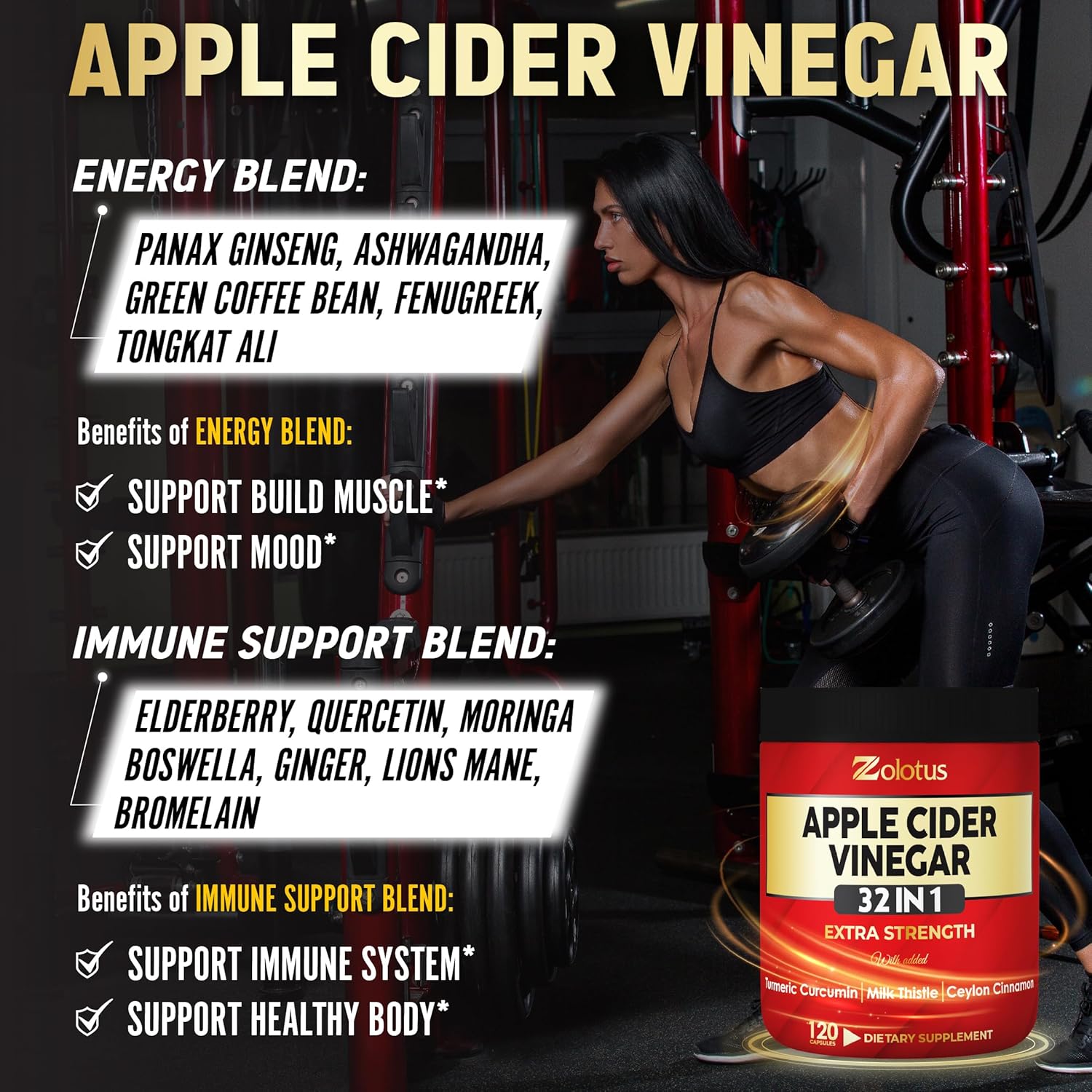 32-in-1 Apple Cider Vinegar Capsules with Turmeric, Cinnamon, Milk Thistle, Elderberry, Quercetin for Digestion & Immune Support - 120 Caps