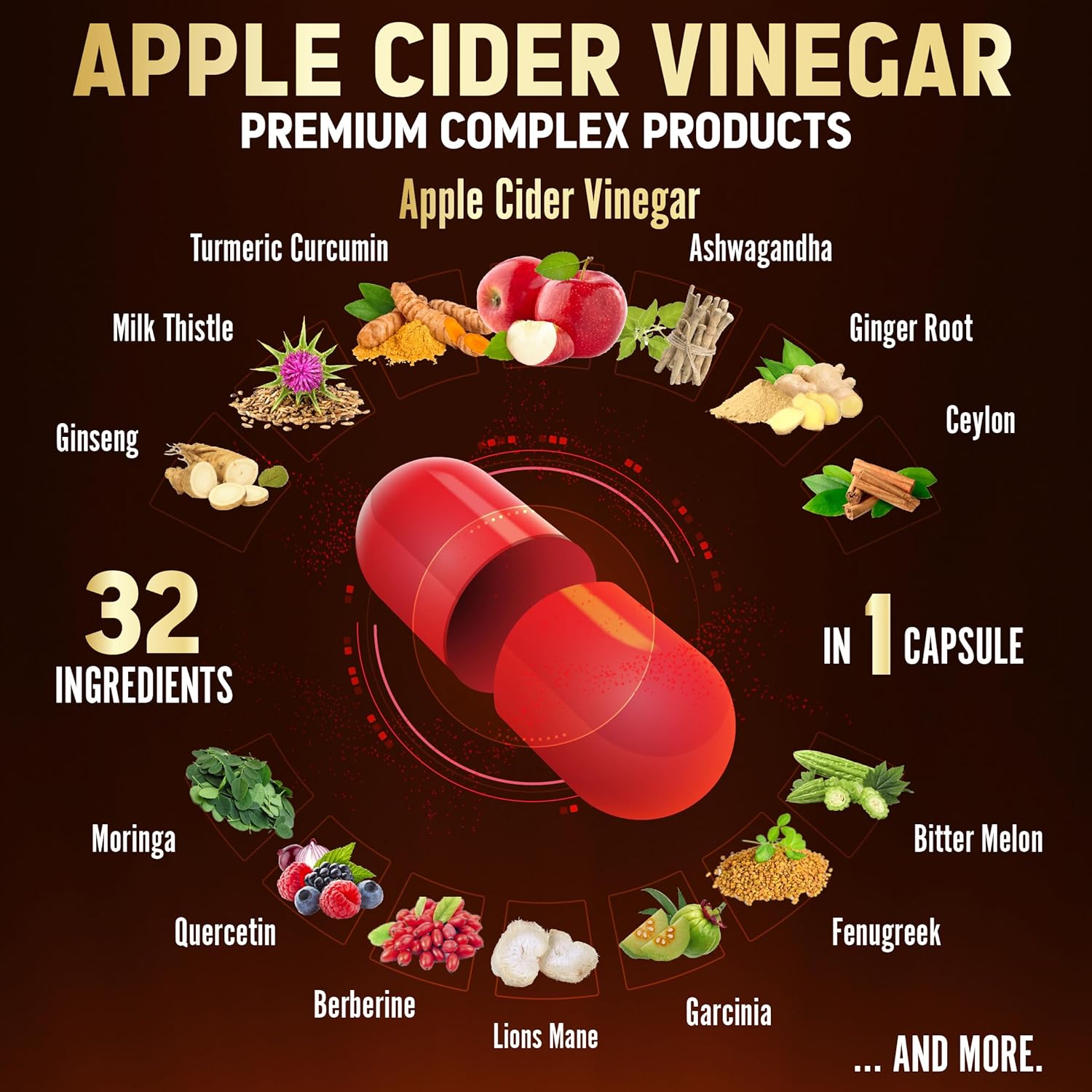 32-in-1 Apple Cider Vinegar Capsules with Turmeric, Cinnamon, Milk Thistle, Elderberry, Quercetin for Digestion & Immune Support - 120 Caps