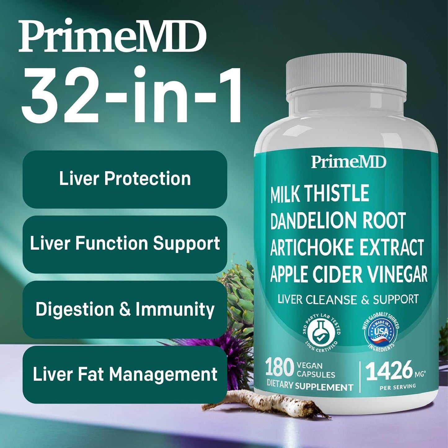 32-in-1 Liver Cleanse Detox Supplement with Milk Thistle, Artichoke, and Beetroot - Liver Support Formula for Active Liver Health - 1426mg (180ct)