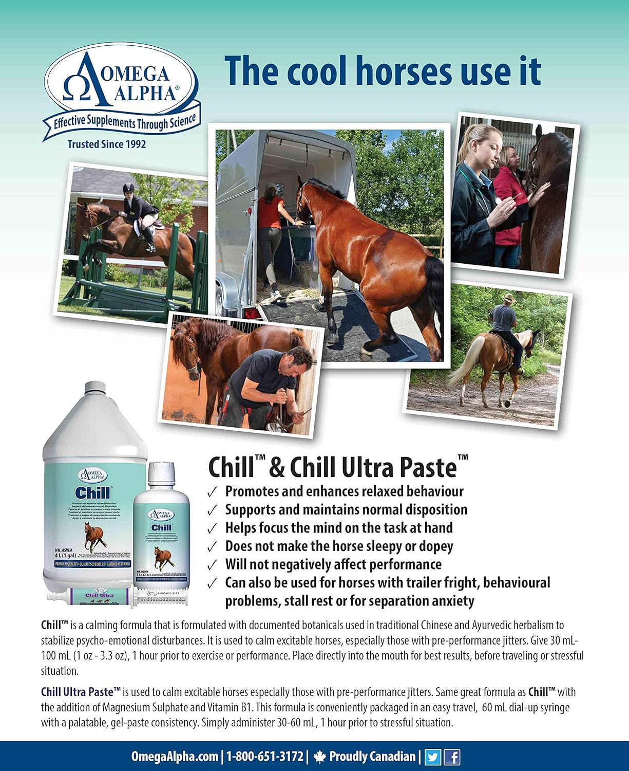 32 Ounces Omega Alpha Chill Calming Formula for Horses - Stress Relief Supplement