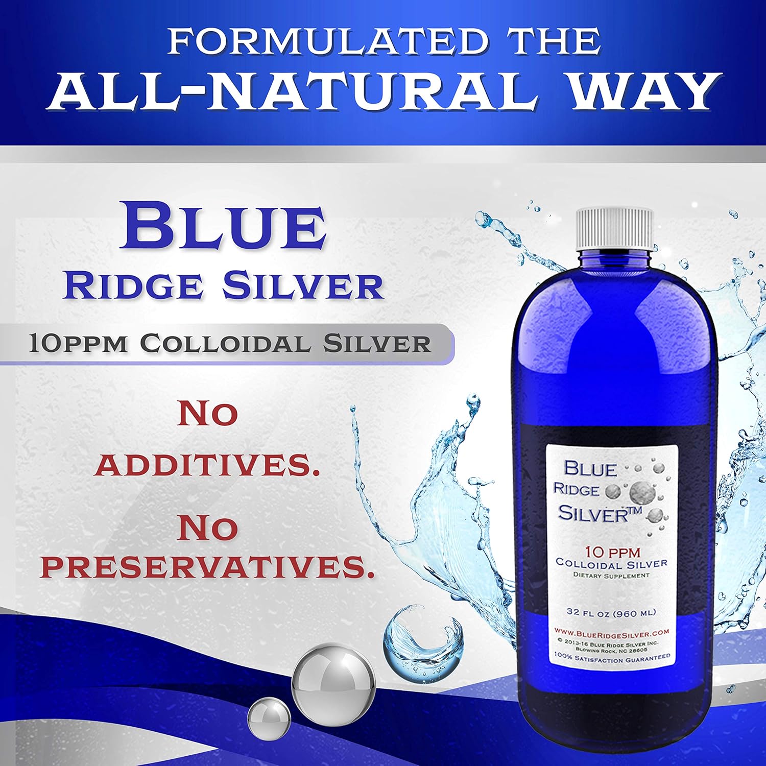 32 oz Blue Ridge Silver Colloidal Silver 10 ppm - Natural Immune Support Health Supplement