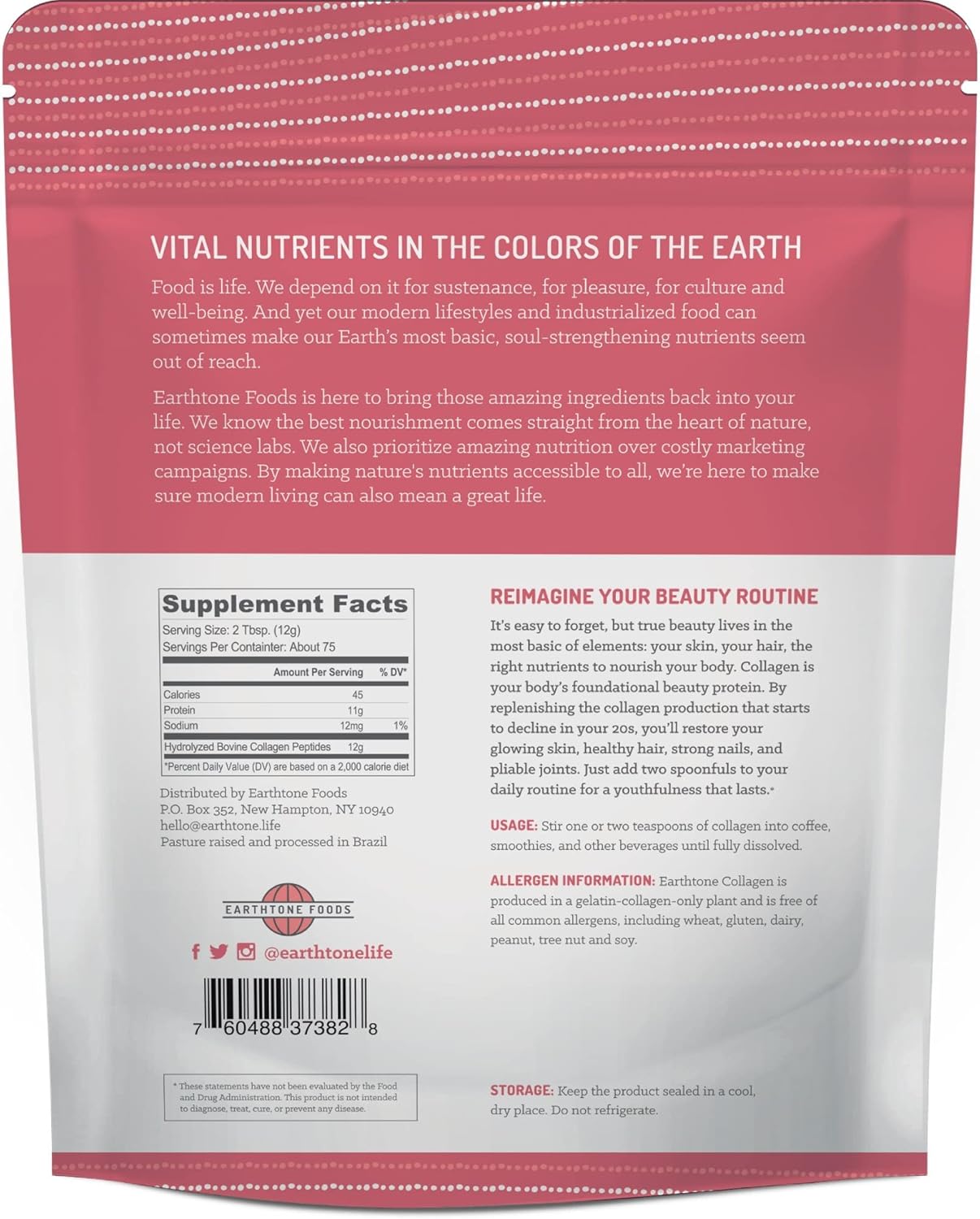 32 oz EARTHTONE Collagen Peptides Powder - Paleo Friendly Grass-Fed Non-GMO Protein