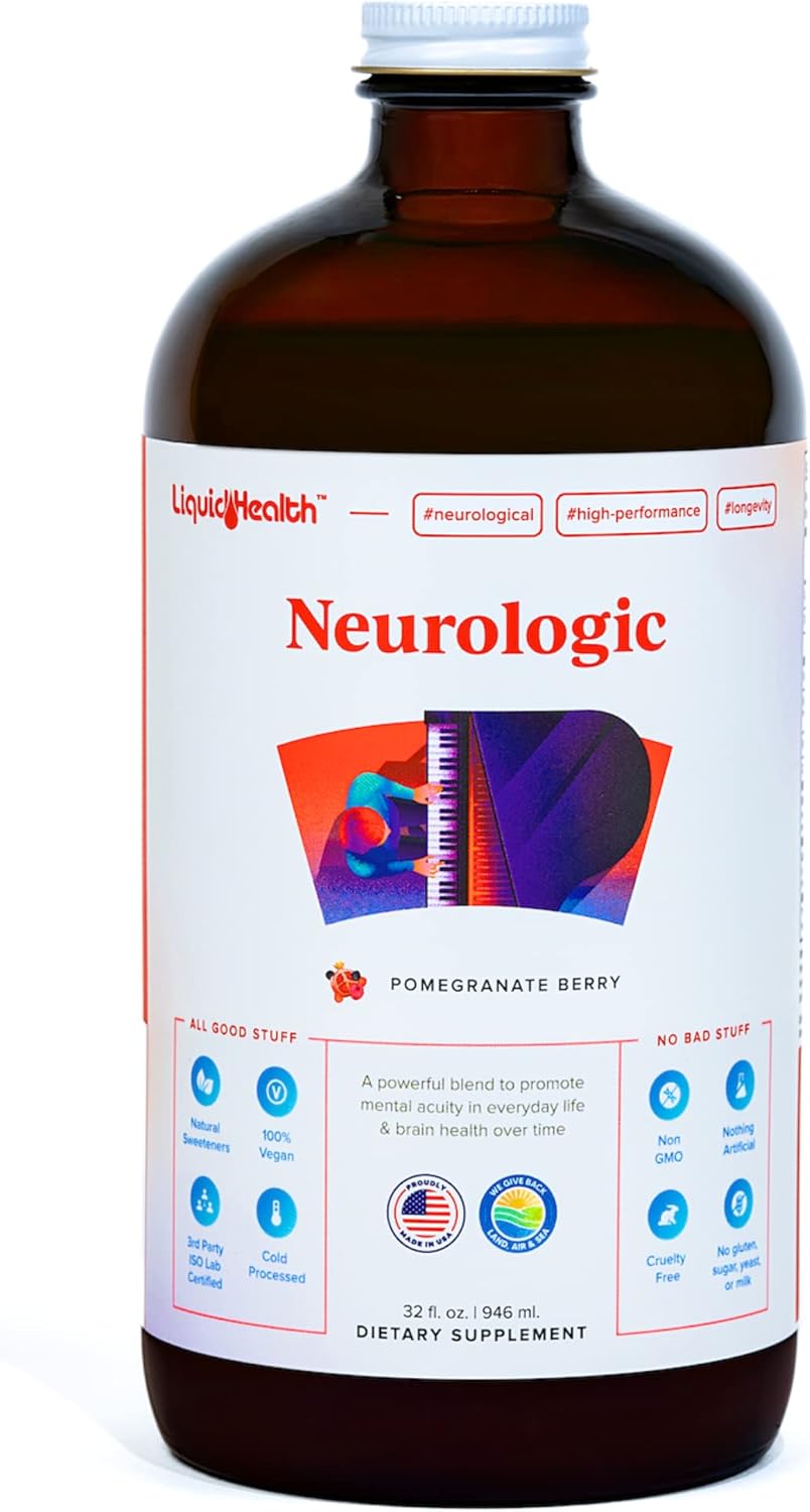 32 Oz Liquid Neurologic Focus Supplement - Nootropic for Cognitive Function with Ginkgo Biloba, Choline, L-Theanine & Phosphatidylserine - Memory & Focus Brain Booster