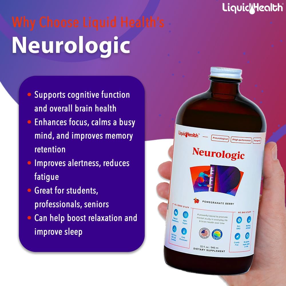 32 Oz Liquid Neurologic Focus Supplement - Nootropic for Cognitive Function with Ginkgo Biloba, Choline, L-Theanine & Phosphatidylserine - Memory & Focus Brain Booster
