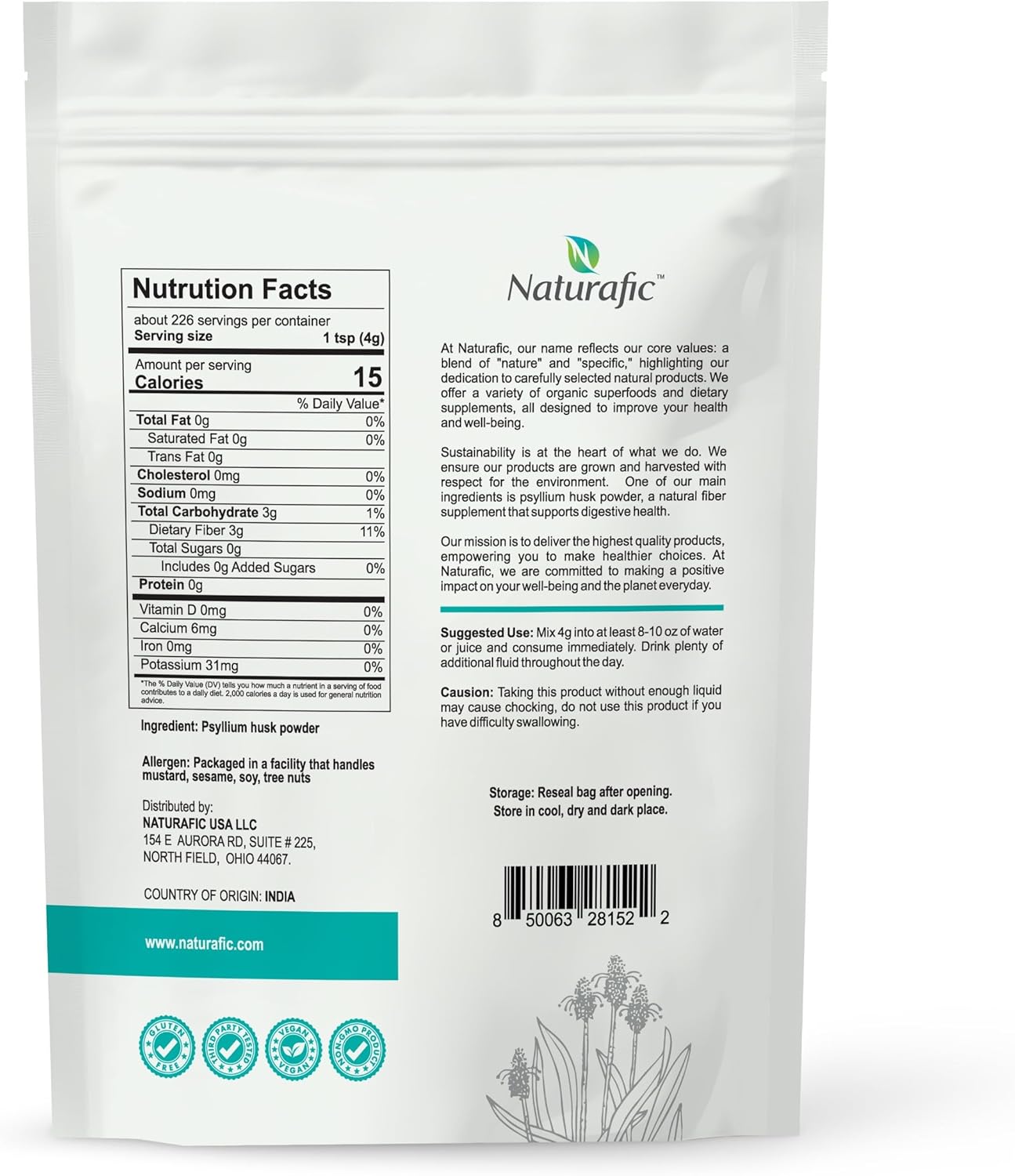 32 oz Naturafic Psyllium Husk Powder for Digestive Health & Regularity - 100% Pure Natural Fiber, Non-GMO, Gluten-Free, Vegan - Promotes Healthy Bowel Movements