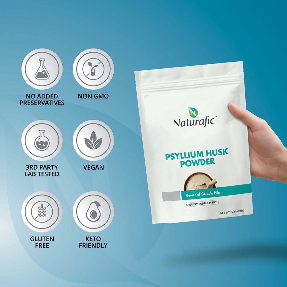 32 oz Naturafic Psyllium Husk Powder for Digestive Health & Regularity - 100% Pure Natural Fiber, Non-GMO, Gluten-Free, Vegan - Promotes Healthy Bowel Movements