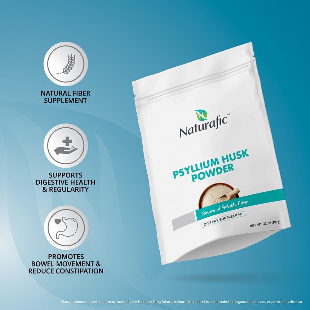 32 oz Naturafic Psyllium Husk Powder for Digestive Health & Regularity - 100% Pure Natural Fiber, Non-GMO, Gluten-Free, Vegan - Promotes Healthy Bowel Movements