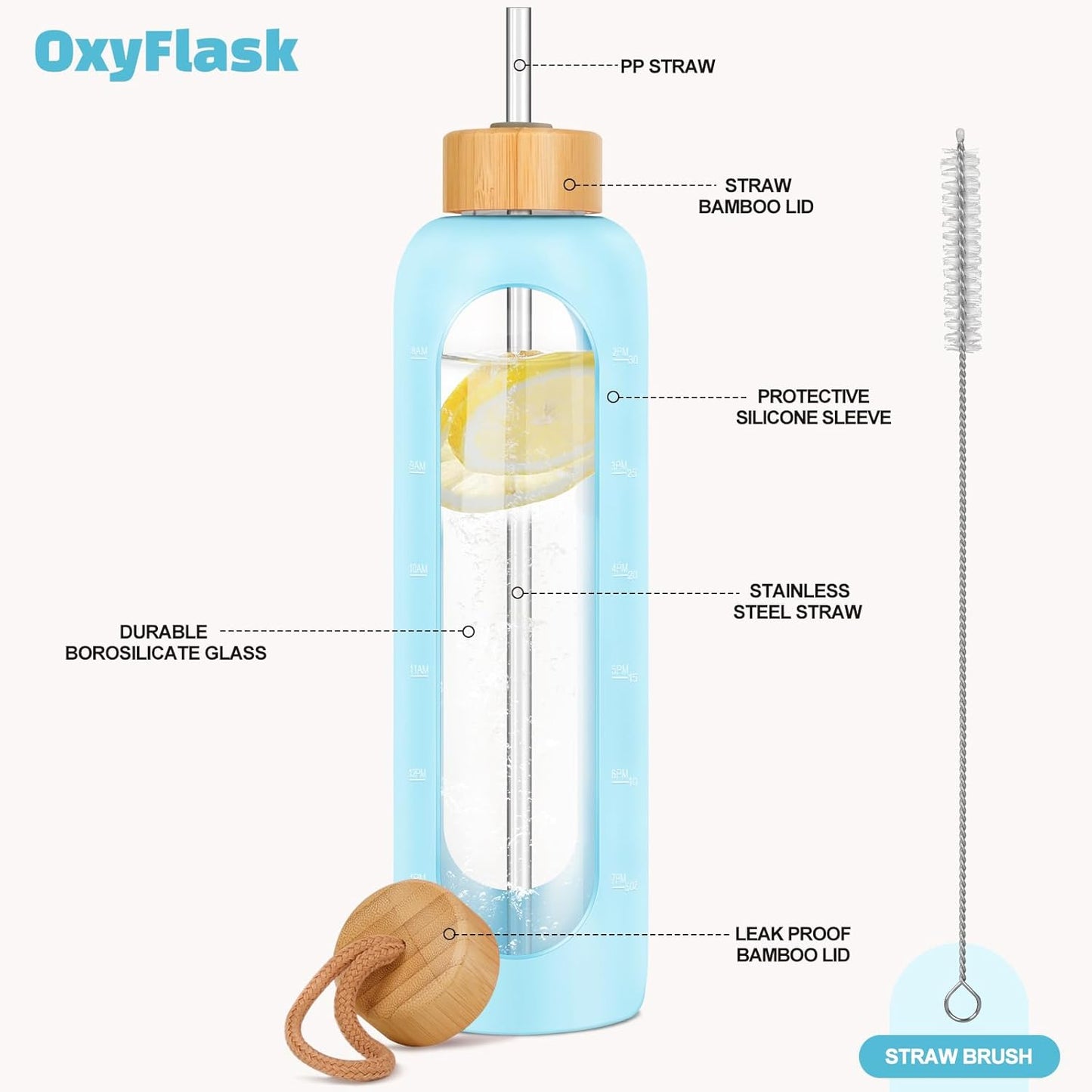 32 oz OxyFlask Glass Water Bottle with Silicone Sleeve, Straw, Bamboo Lids - 1L Daily Intake Marker Bottle