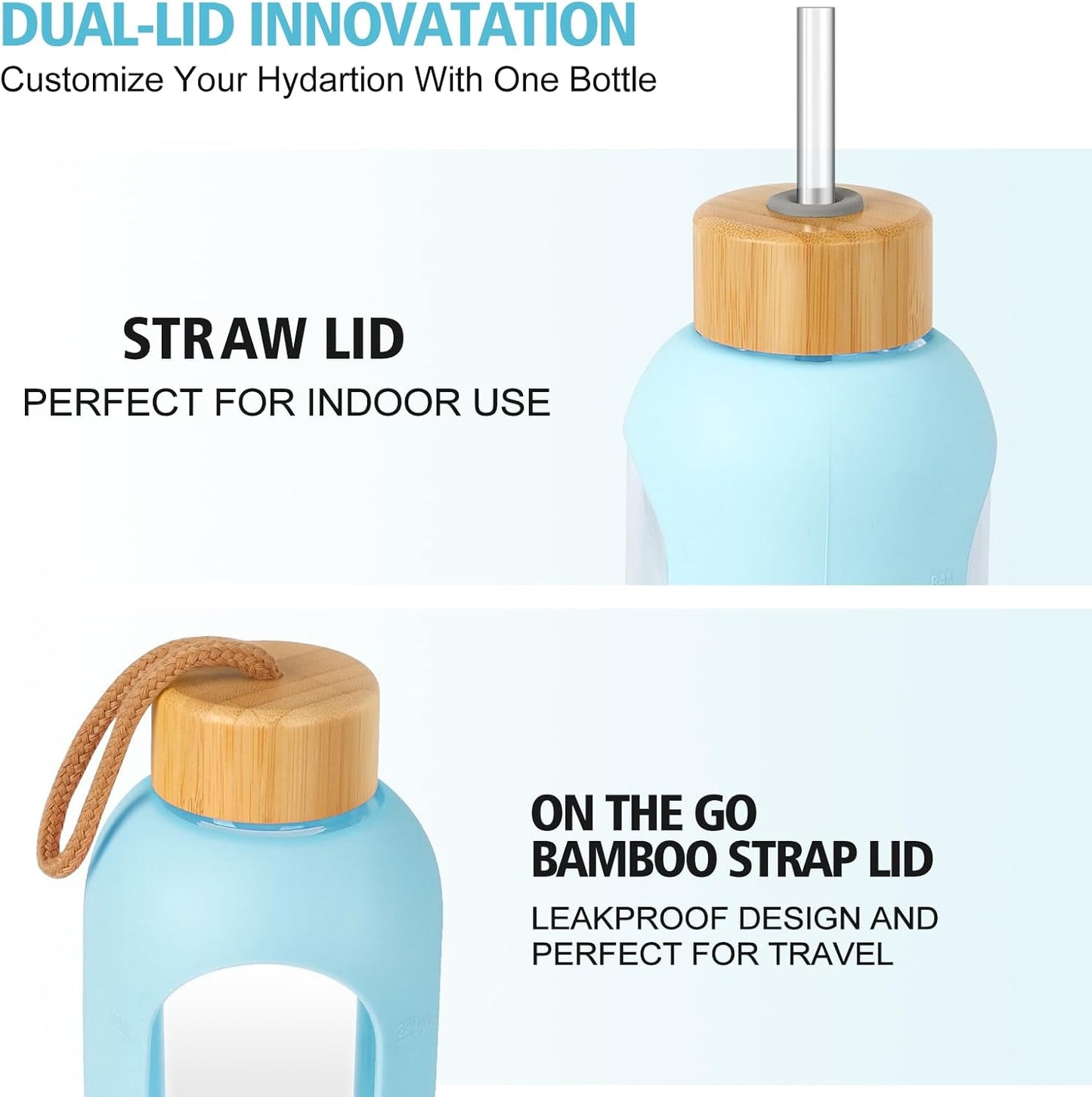 32 oz OxyFlask Glass Water Bottle with Silicone Sleeve, Straw, Bamboo Lids - 1L Daily Intake Marker Bottle