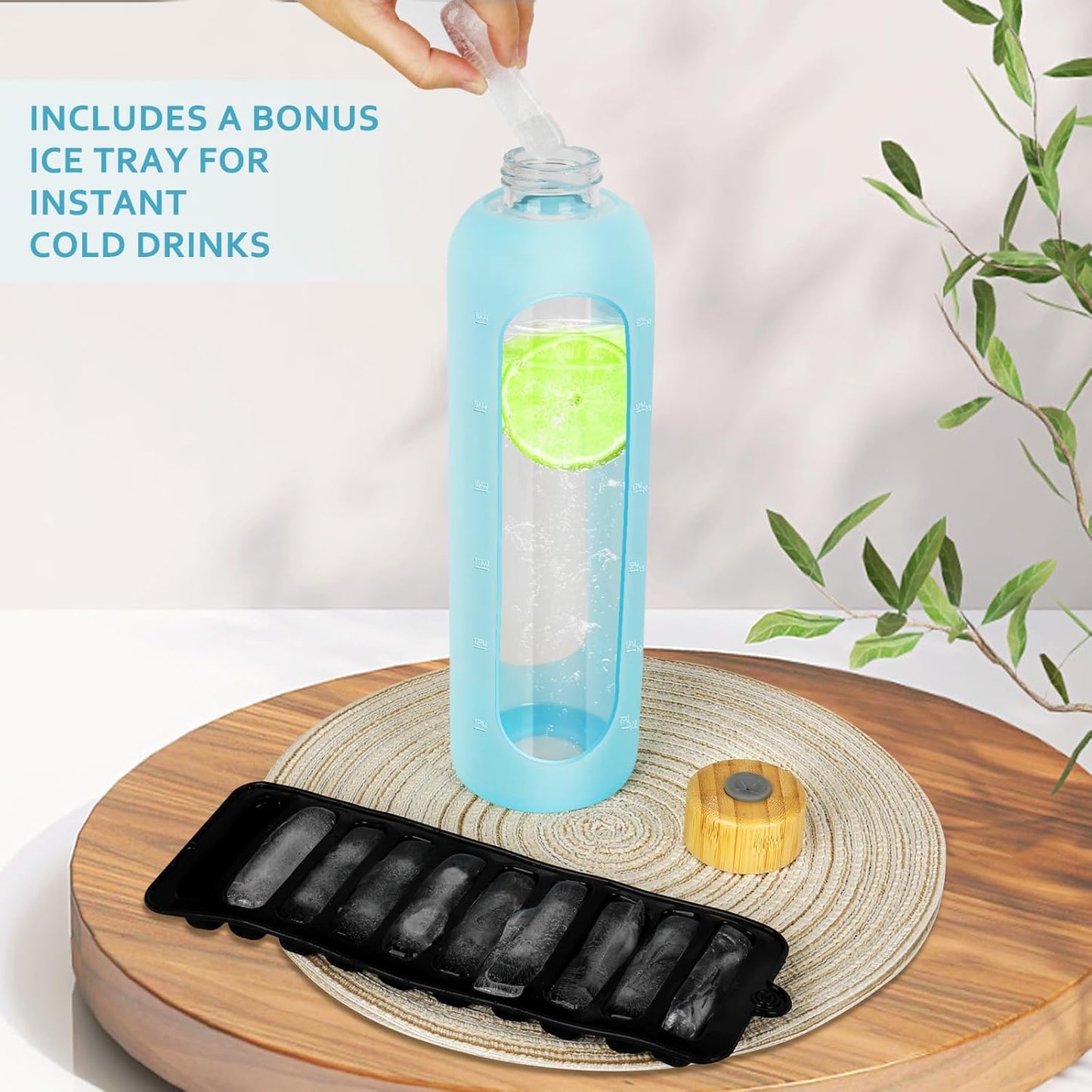 32 oz OxyFlask Glass Water Bottle with Silicone Sleeve, Straw, Bamboo Lids - 1L Daily Intake Marker Bottle