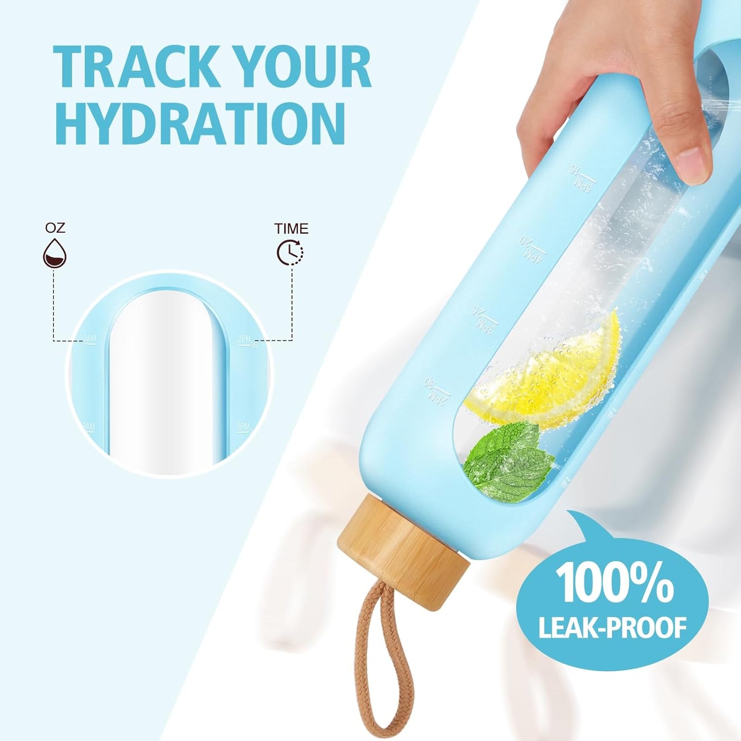 32 oz OxyFlask Glass Water Bottle with Silicone Sleeve, Straw, Bamboo Lids - 1L Daily Intake Marker Bottle