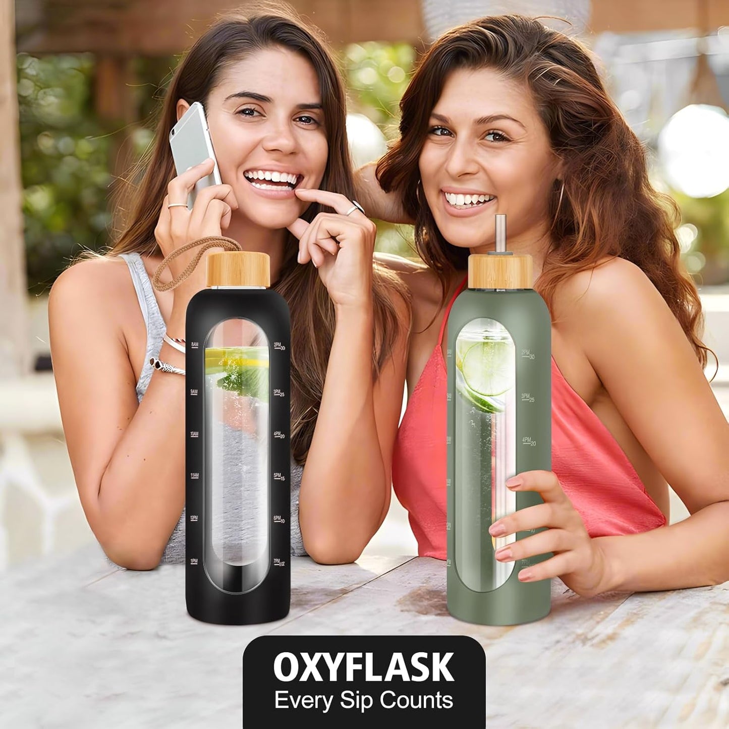 32 oz OxyFlask Glass Water Bottle with Silicone Sleeve, Straw, Bamboo Lids - 1L Daily Intake Marker Bottle