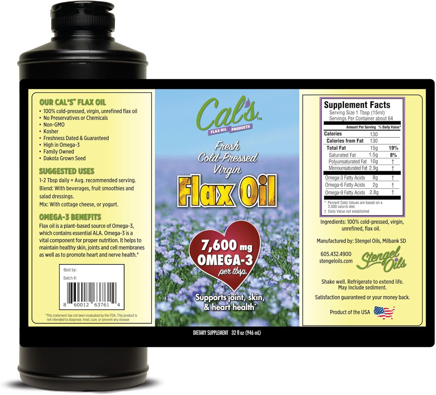 32 oz Pure Cold Pressed Flax Seed Oil Liquid Supplement - High Omega 3 Fatty Acids for Joint, Skin, Heart Health