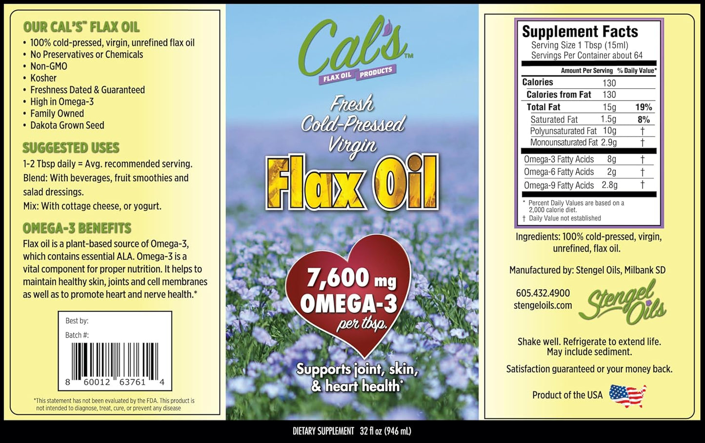 32 oz Pure Cold Pressed Flax Seed Oil Liquid Supplement - High Omega 3 Fatty Acids for Joint, Skin, Heart Health