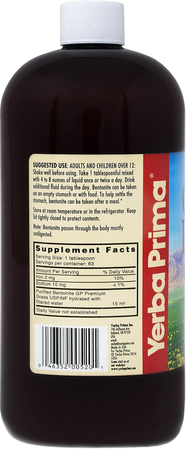 32 oz Yerba Prima Great Plains Bentonite Liquid Clay Cleansing Supplement in BPA-Free Bottle