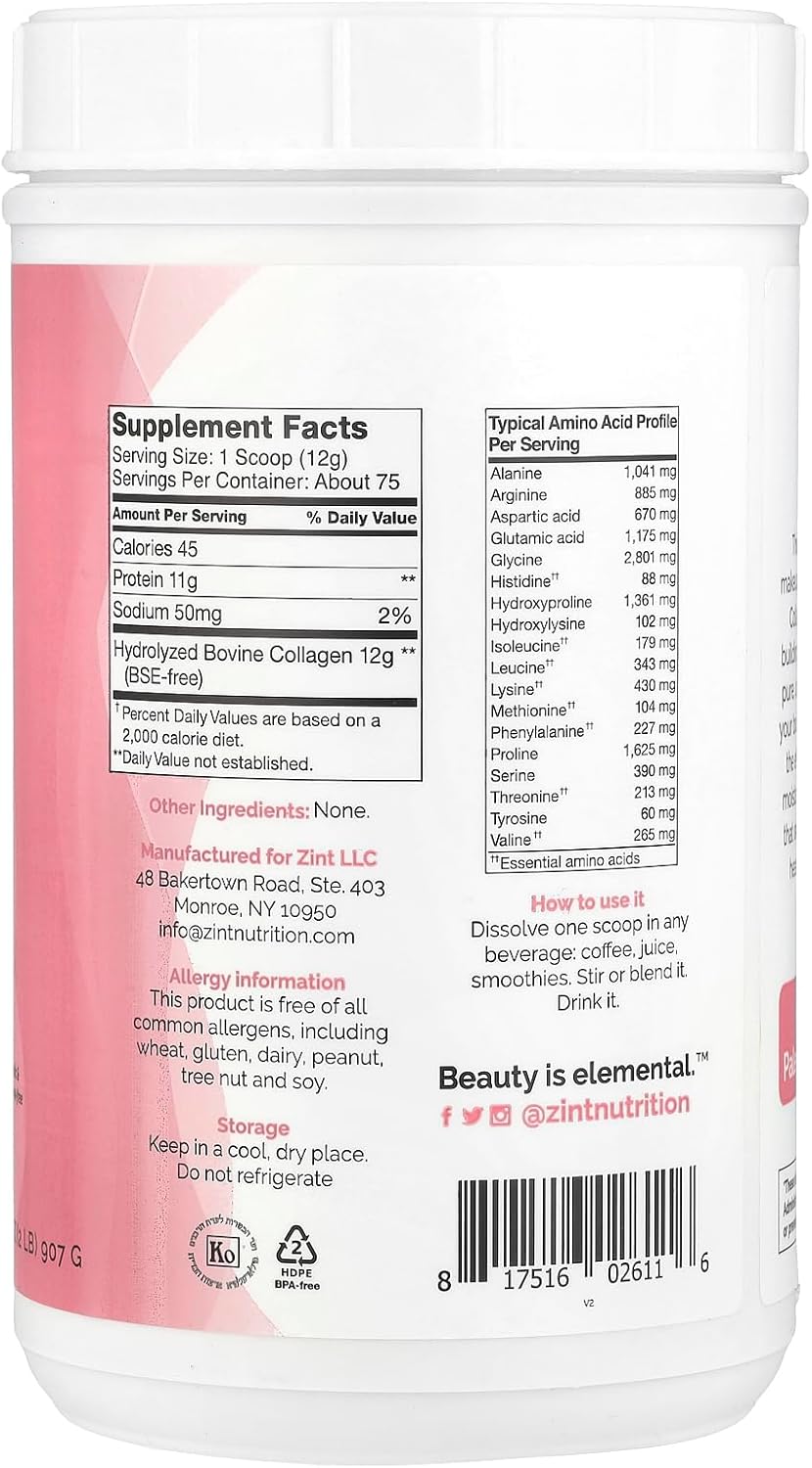 32 oz Zint Collagen Peptides Powder: Hydrolyzed Protein for Anti Aging Beauty - Skin, Hair, Nails Supplement