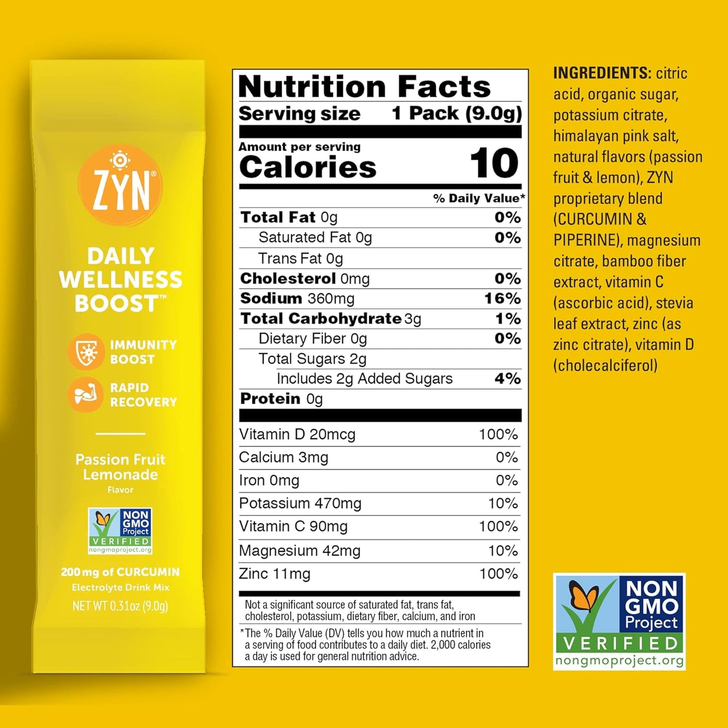 32-Serving ZYN Electrolyte Drink Mix Packets with Passion Fruit Lemonade Flavor - Hydration Powder with Turmeric Curcumin, Vitamin C & D, Zinc for Hydration & Recovery