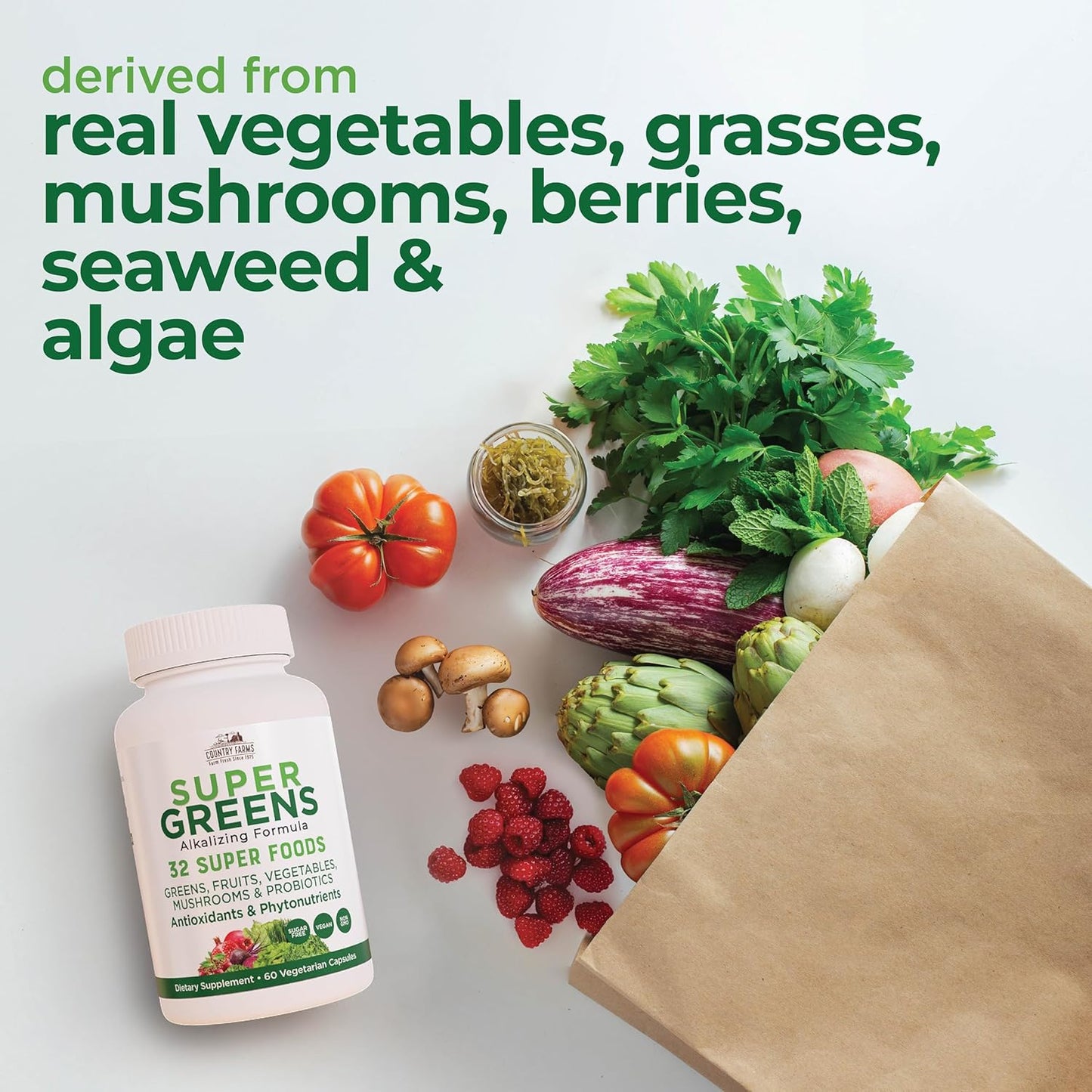 32 Superfood Vegicaps: Whole Food Supplement with Greens, Fruits, Vegetables, Mushrooms, Probiotics - Antioxidants, Phytonutrients - 60 Count