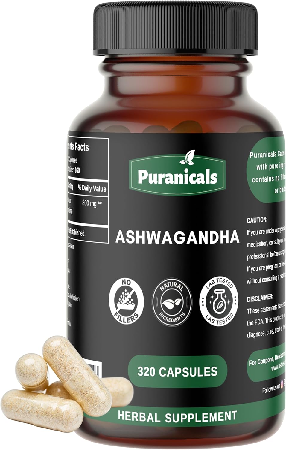 320 Capsules Puranicals Ashwagandha: Non GMO, Gluten Free, 100% Pure Herbal Supplement with 500 mg Per Serving