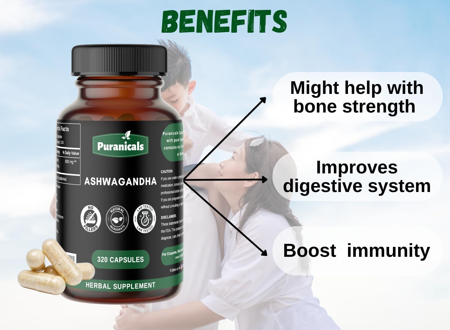 320 Capsules Puranicals Ashwagandha: Non GMO, Gluten Free, 100% Pure Herbal Supplement with 500 mg Per Serving