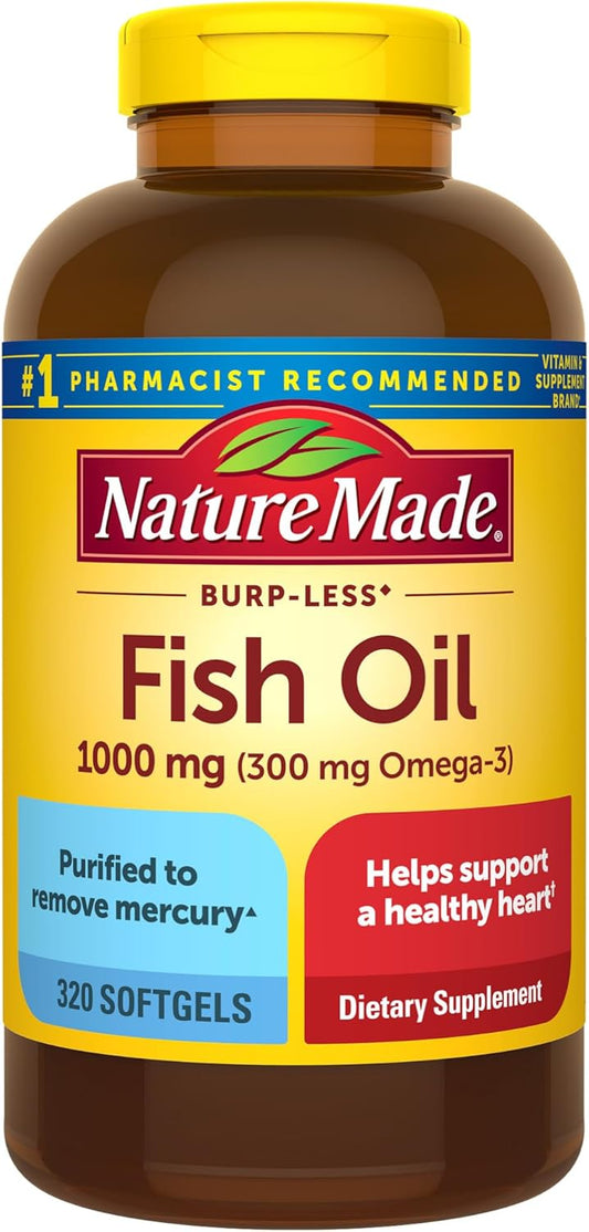 320 Softgels Nature Made Burp Less Fish Oil 1000 mg Softgels, Omega 3 Supplement for Heart Support, 160 Day Supply Omega 3 Fish Oil