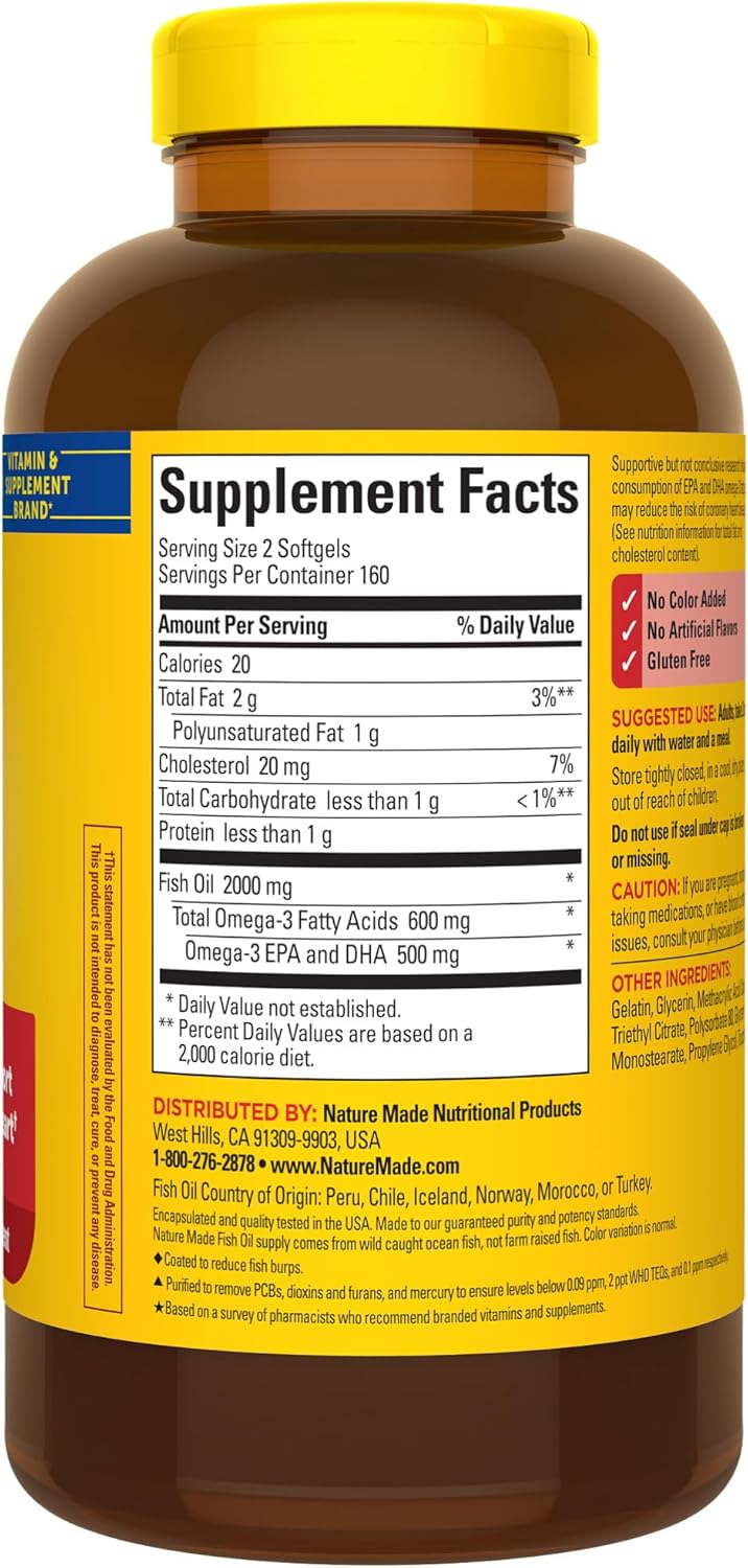 320 Softgels Nature Made Burp Less Fish Oil 1000 mg Softgels, Omega 3 Supplement for Heart Support, 160 Day Supply Omega 3 Fish Oil