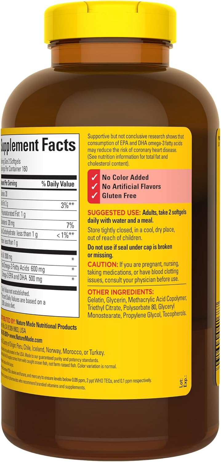 320 Softgels Nature Made Burp Less Fish Oil 1000 mg Softgels, Omega 3 Supplement for Heart Support, 160 Day Supply Omega 3 Fish Oil
