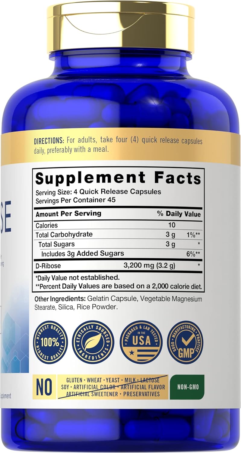 3200mg D-Ribose Capsules - 180 Pills | Advanced Formula, Non-GMO, Gluten Free Supplement by Carlyle