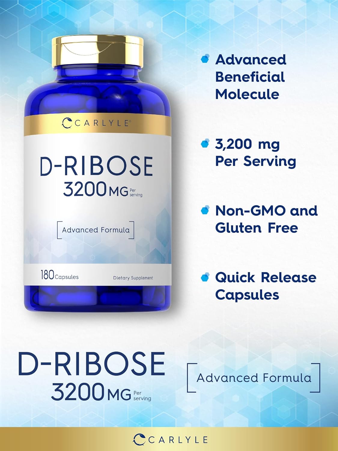 3200mg D-Ribose Capsules - 180 Pills | Advanced Formula, Non-GMO, Gluten Free Supplement by Carlyle