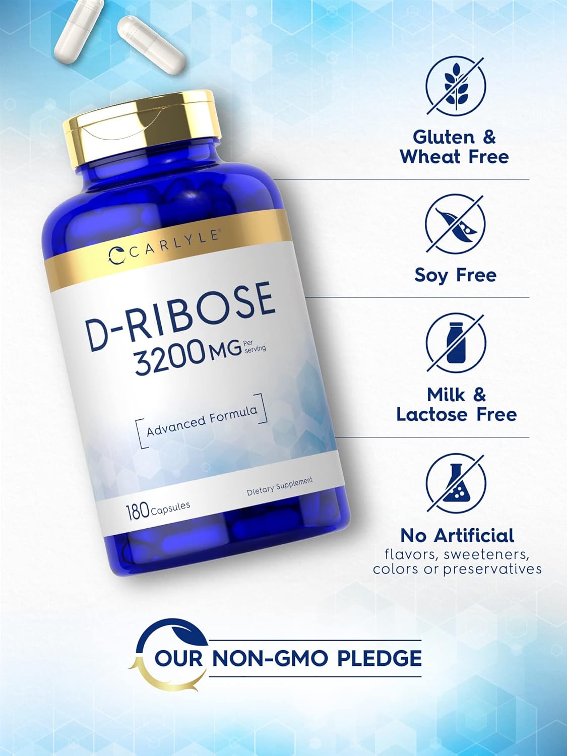 3200mg D-Ribose Capsules - 180 Pills | Advanced Formula, Non-GMO, Gluten Free Supplement by Carlyle